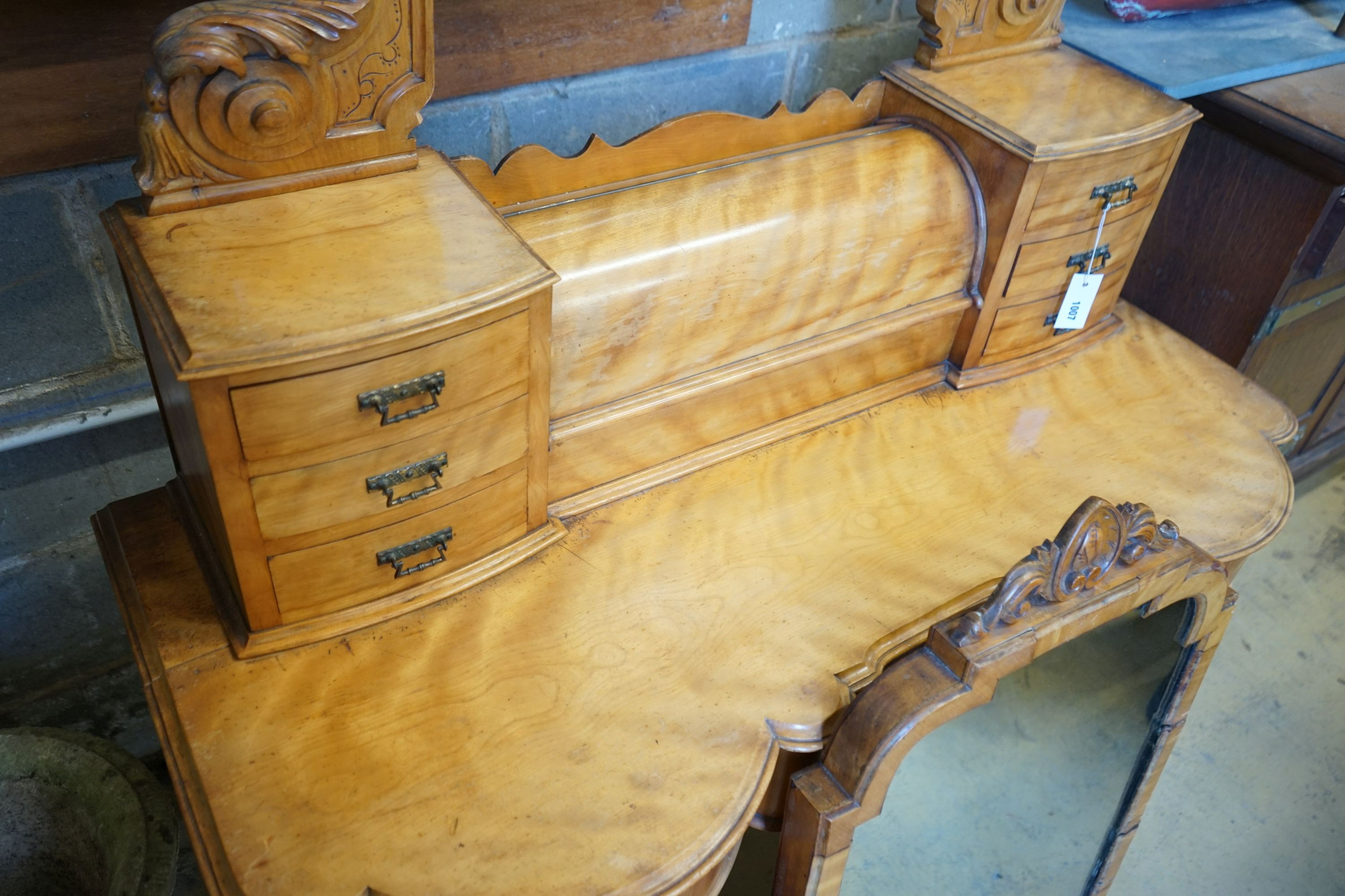 A Victorian satin birch duchess dressing table, width 122cm, depth 55cm, height 195cm